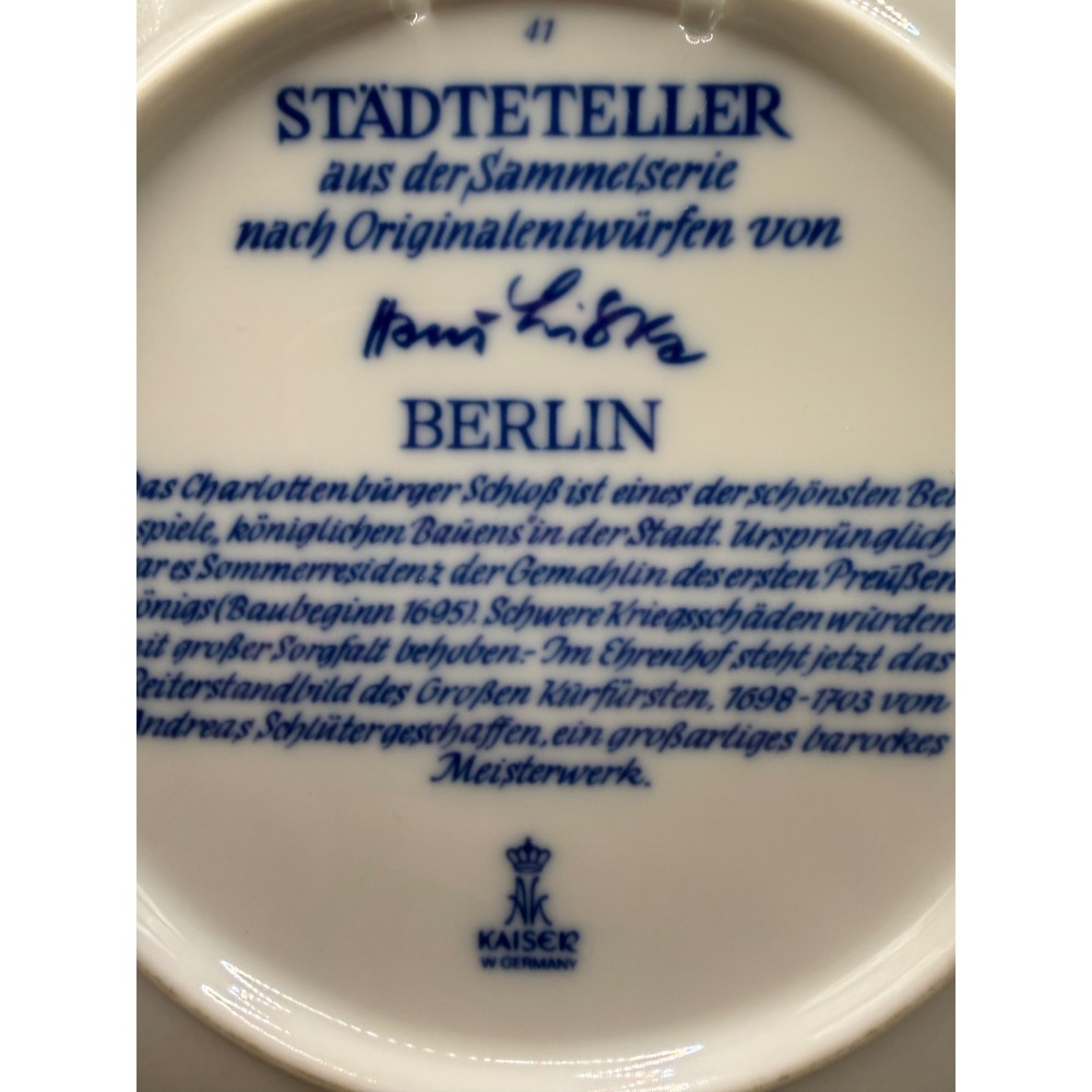 Kaiser W Germany Berlin Stadteteller Hans Liska Blue White Collector Plate 8in - Picture 7 of 10